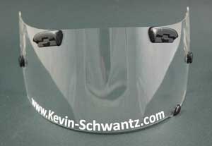 An example of how the lettering cut with a curve fits an Arai Visor